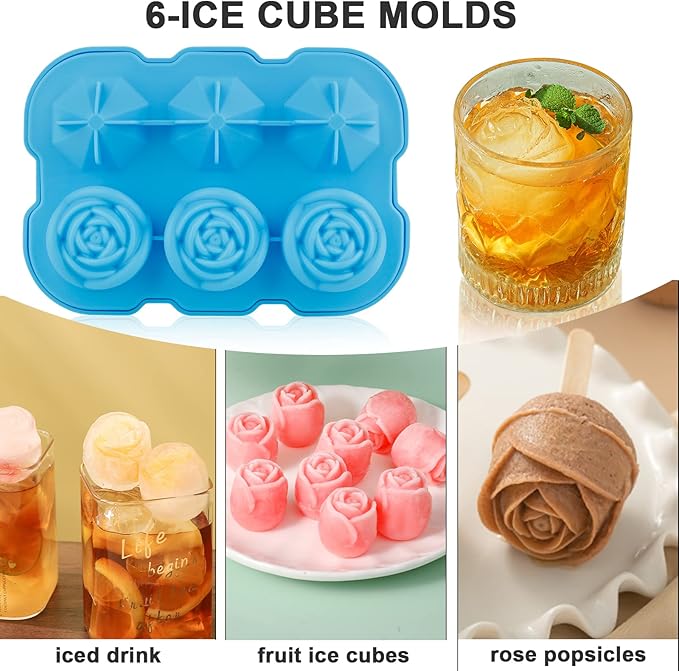 Ice Cube Tray, Mikiwon 2 inch Rose Ice Cube Trays With Covers, 3 Cavity Silicone Rose Ice Tray & 3 Diamond Ice Ball Maker, Easy Release Large Ice Cube Form for Chilled Cocktails, Whiskey Juice (Blue)
