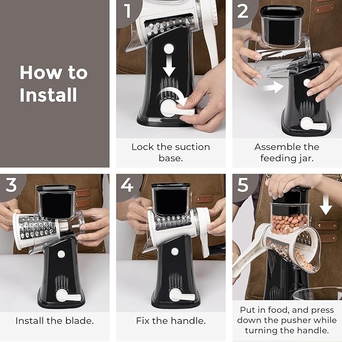 X Home 5-in-1 Rotary Cheese Grater for Kitchen, Upgraded Hand Crank Shredder with Stronger Suction Base & Multifunctional Drum Blades, for Cheese, Vegetables and Nuts, Easy to Use and Clean, Black - Image 6