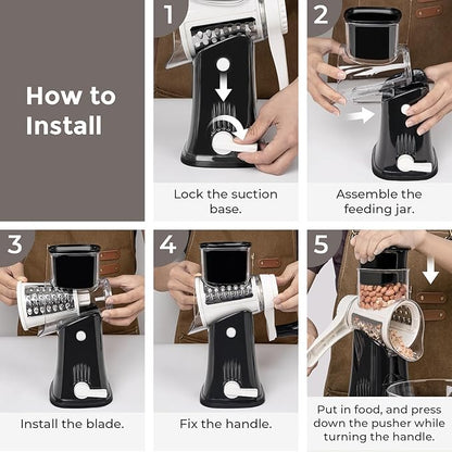 X Home 5-in-1 Rotary Cheese Grater for Kitchen, Upgraded Hand Crank Shredder with Stronger Suction Base & Multifunctional Drum Blades, for Cheese, Vegetables and Nuts, Easy to Use and Clean, Black - Image 6