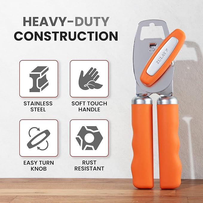 Zulay Kitchen Heavy Duty Stainless Steel Can Opener Manual with Bottle Opener - Rust Proof Manual Can Opener With Turn Knob & Comfy Soft Grip Handles - Orange - Image 3