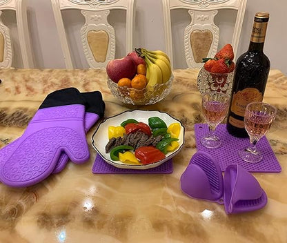 Silicone Oven Mitts and Pot Holders Sets, MTZRFLL Extra Long Heat Resistant Oven Gloves with Hot Pads and Mini Oven Mits Set for Kitchen Cooking Baking, Soft Quilted Lining, Pack of 6 (Purple) - Image 2