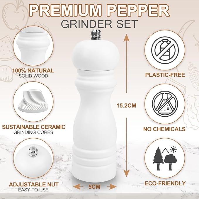 Salt and Pepper Grinder Set of 2 - Wood Salt and Pepper Mill with Adjustable Coarseness Ceramic Core - Manual Salt Grinders Refillable Spice Mills - Pepper Shakers for Sea Salt/Chili/Sesame, 6.5 Inch