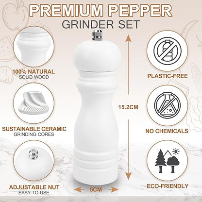 Salt and Pepper Grinder Set of 2 - Wood Salt and Pepper Mill with Adjustable Coarseness Ceramic Core - Manual Salt Grinders Refillable Spice Mills - Pepper Shakers for Sea Salt/Chili/Sesame, 6.5 Inch