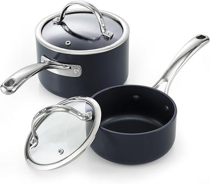 Cooks Standard Nonstick Sauce Pan Set, 1Qt & 2Qt Hard Anodized Saucepans with Lid Cooking Pots, Oven Safe, Easy to Clean, Black