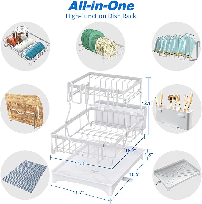 Godboat Dish Drying Rack, 2-Tier Dish Rack with Auto-Drain & Mat, Dish Racks for Kitchen Counter, Dish Drainer with Knife, Fork & Cup Rack, Gifts for Women, Mothers Day, Kitchen Gadgets, White - Image 8