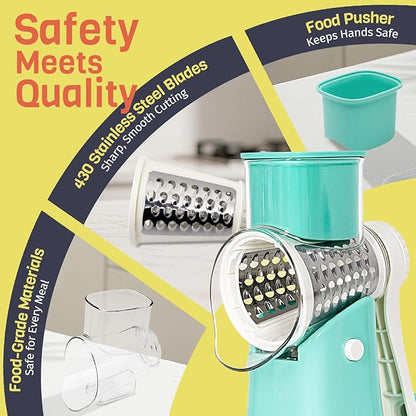 5-in-1 Rotary Cheese Grater Hand Crank, Vegetable Slicer Shredder with 5 Interchangeable Blades, Graters for Kitchen, Safe Kitchen Tool for Cheese, Nuts, Blue