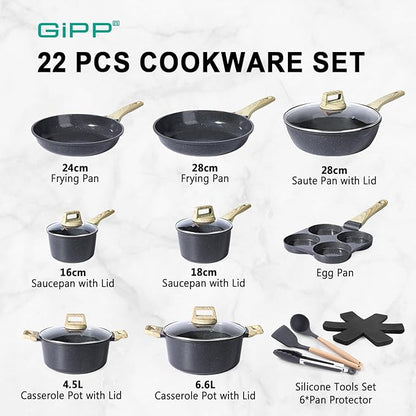 GiPP Ceramic Pots and Pans Set Non Stick - 22Pcs Nonstick Cookware Set, Non-Toxic Healthy Kitchen Cooking Set w/Frying Pans Set, Dishwasher Safe, PFAS PTFE PFOA PFOS Free, Dark Gray