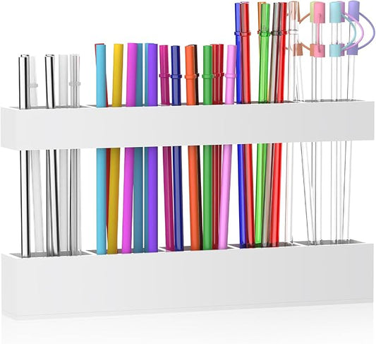 9.5” Large Acrylic Straw Holder for Cabinet Door, Reusable Adjustable Two-Part Straws Organizer with Ultra Sticky Adhesive Strips, 2026 Straw Storage for Kitchen Cupboard (White)