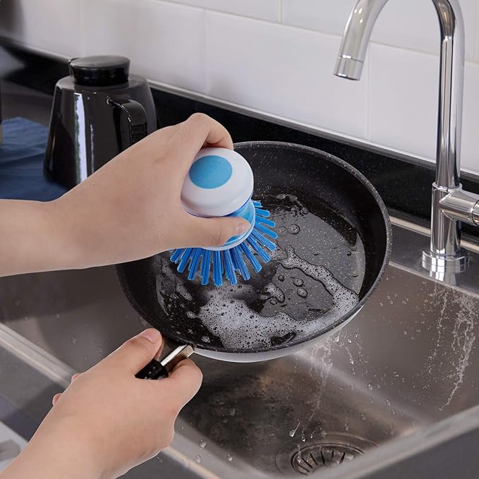 Dish Brush with Soap Dispenser for Dishes Pot Pan Kitchen Sink Scrubbing, Blue 2 Pack - Image 6