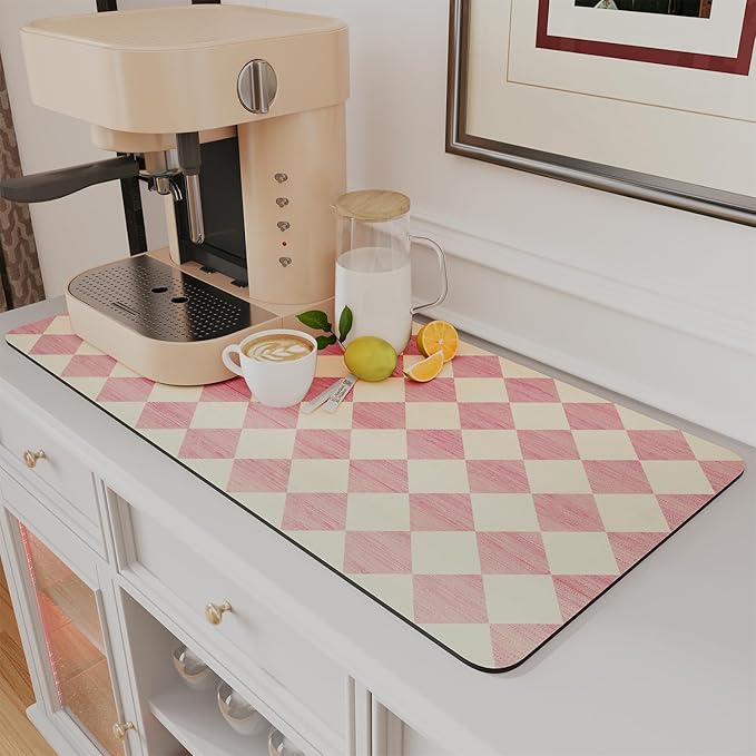 AMOAMI Coffee Mat Hide Stain Rubber Backed Absorbent Dish Drying Mat for Kitchen Counter - Fits Under Coffee Maker or Machine - PINK 17x31.5 by AMOAMI