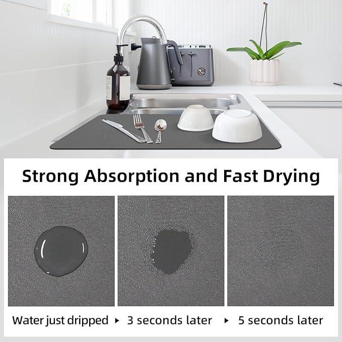 LOPNUR Kitchen Dish Drying Mat, 24"x16" Large Dish Drying Mats for Kitchen Counter, Diatomite Coffee Mat, Super Absorbent Dish Drying Pad, Heat Resistant Mat with Anti-slip Rubber Backed, Grey - Image 3