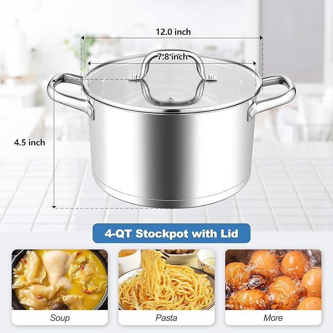 Stainless Steel Stock Pot 4 Quart, Homikit Induction Stockpot with lid for Soup Pasta Sauce Cooking Simmering, Tri-ply Heavy Bottom Compatible with All Stove, Dishwasher Safe - Image 2