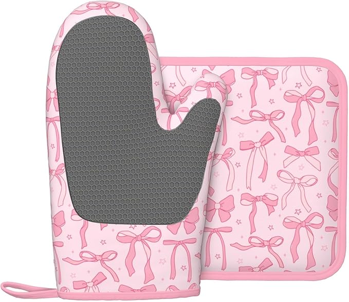 Pink Cute Ribbon Bow Silicone Oven Mitts Pan Mats Set of 2, Heat Resistant Gloves Potholder with Non-Slip Grips Hanging Loops Pot Holder, Spring Summer for Chef Cooking, Baking, Grilling, BBQ