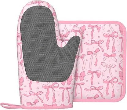 Pink Cute Ribbon Bow Silicone Oven Mitts Pan Mats Set of 2, Heat Resistant Gloves Potholder with Non-Slip Grips Hanging Loops Pot Holder, Spring Summer for Chef Cooking, Baking, Grilling, BBQ