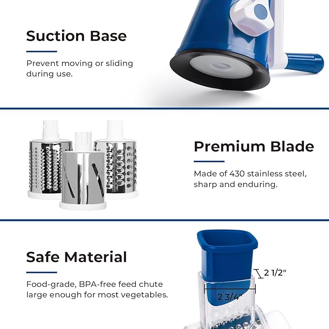 X Home Rotary Cheese Grater for Kitchen, Shredder with 3 Interchangeable Blades, Rotary Grater with Handle and Strong Suction Base, for Vegetables, Fruit, Nuts, Easy to Use and Clean, Dark Blue - Image 5