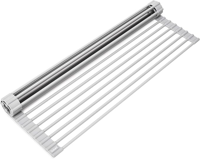Surpahs 20.5 x 13.1 Inch Roll-Up Dish Drying Rack, Fits Across Sink Openings up to 19.5 Inches, Heavy-Duty Premium Silicone, Strong Support, Non-Slip, Heat-Resistant, Warm Gray by Surpahs