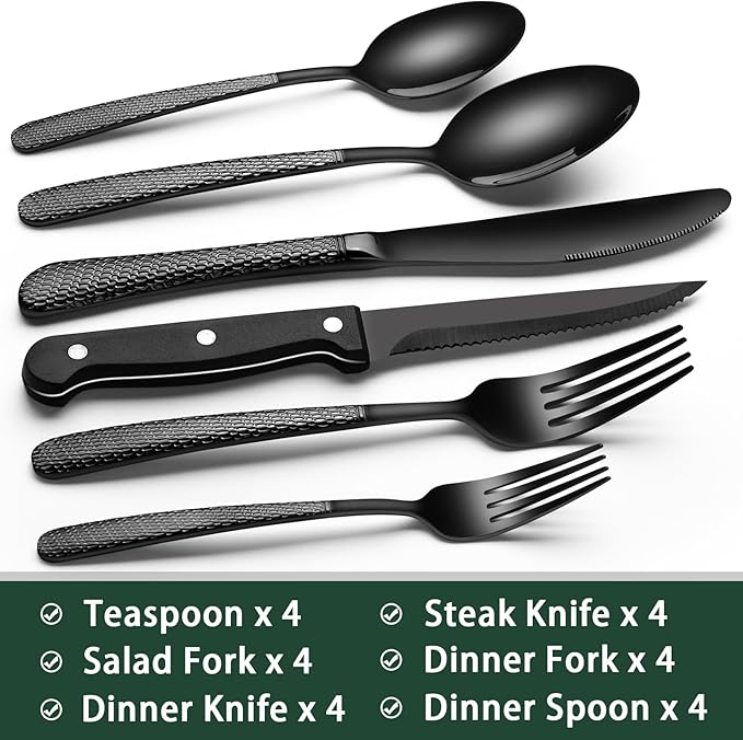 EWFEN 24-Piece Black Silverware Set with Steak Knives, Black Flatware Set for 4, Food-Grade Stainless Steel Tableware Cutlery Set, Mirror Finished Utensil Sets for Home Restaurant, Round Hammered - Image 2