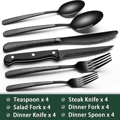 EWFEN 24-Piece Black Silverware Set with Steak Knives, Black Flatware Set for 4, Food-Grade Stainless Steel Tableware Cutlery Set, Mirror Finished Utensil Sets for Home Restaurant, Round Hammered - Image 2