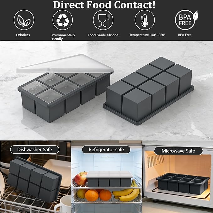 Bangp Silicone Ice Cube Trays with Metal Reinforced Frame(3 Pack),Large Ice Cube Tray with Lid,Easy Release Whiskey Ice Cubes Mold,Ice Trays for Freezer,Stackable Ice Cube Tray(Grey) - Image 7
