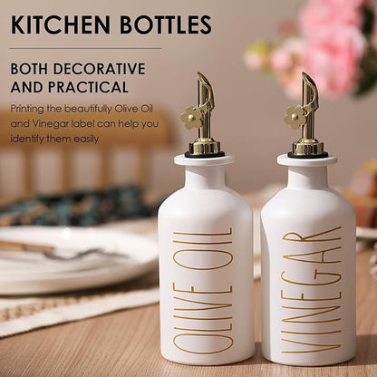 HOMCDALY Premium Olive Oil Dispenser for Kitchen, 11.8oz Glass Oil Bottles with Bamboo Tray, White and Gold Oil&Vinegar Cruet Set, Kitchen Dispenser Bottles with Pourer| Set of 2 (11.8oz –P–Gold) - Image 5