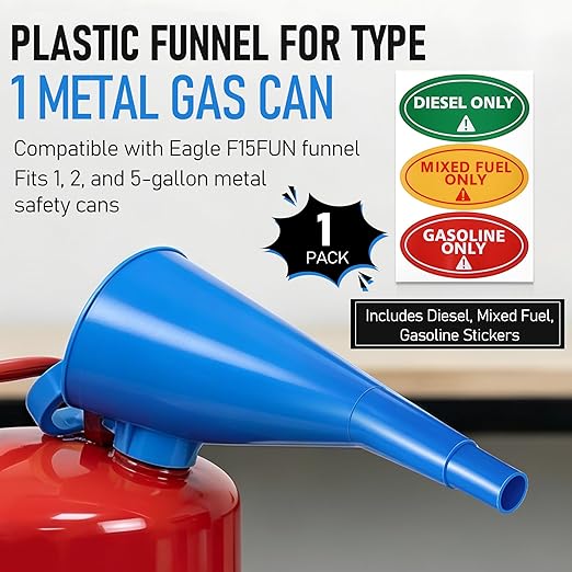 Plastic Funnel for Type I Metal Safety Cans, Compatible with Eagle F15FUN, Fits 1/2/5 Gallon Cans, 10" HDPE Funnel, Includes Diesel Only, Gasoline Only, Mixed Fuel Stickers(1 Pack,Blue)