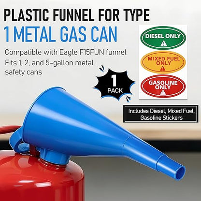 Plastic Funnel for Type I Metal Safety Cans, Compatible with Eagle F15FUN, Fits 1/2/5 Gallon Cans, 10" HDPE Funnel, Includes Diesel Only, Gasoline Only, Mixed Fuel Stickers(1 Pack,Blue)