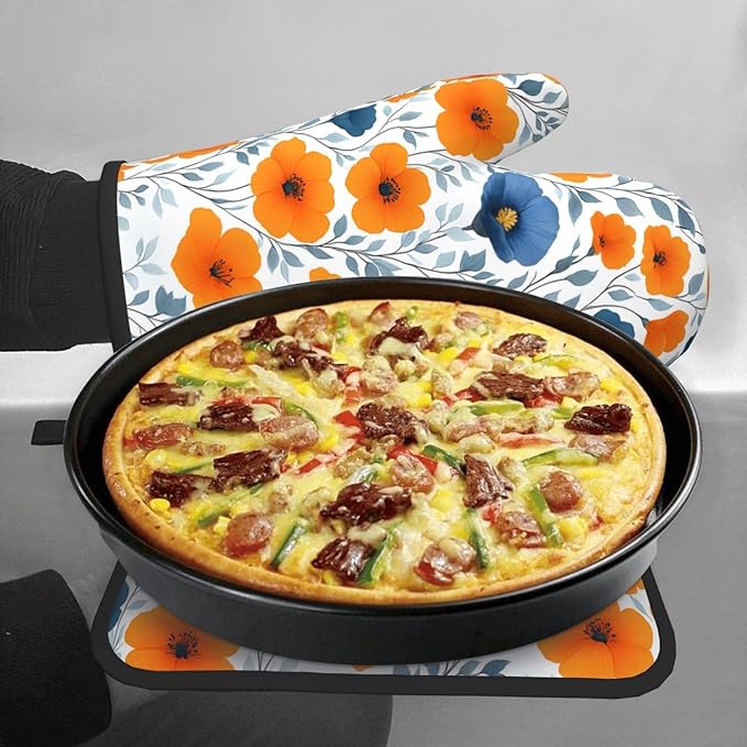 Spring Orange Blue Floral Oven Mitts and Pot Holders Sets of 3, Heat Resistant Non-Slip Burnt Orange Navy Flowers Kitchen Gloves Hot Pads for Cooking BBQ Grilling, Chef Baking Gifts for Women Baker - Image 4