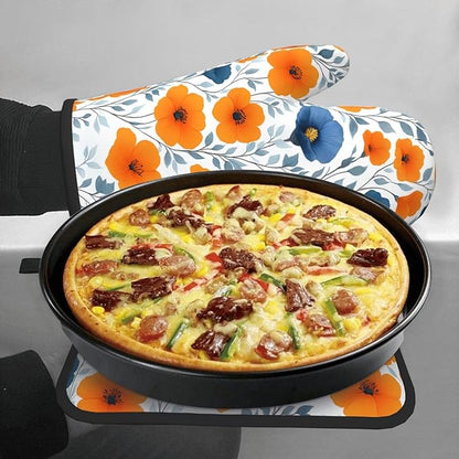 Spring Orange Blue Floral Oven Mitts and Pot Holders Sets of 3, Heat Resistant Non-Slip Burnt Orange Navy Flowers Kitchen Gloves Hot Pads for Cooking BBQ Grilling, Chef Baking Gifts for Women Baker - Image 4