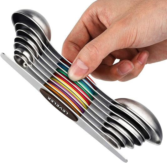 Magnetic Measuring Spoons Set of 8 Stainless Steel Dual Sided Stackable Measuring Spoons Nesting Teaspoons Tablespoons for Measuring Dry and Liquid Ingredients by YellRin