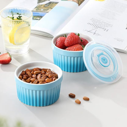 vancasso 8 oz Ramekins with Lid, Porcelain Creme Brulee Souffle Dishes, Blue Pudding Custard Cups Ramiken for Baking, Dishwasher and Oven Safe, Set of 6 - Image 7