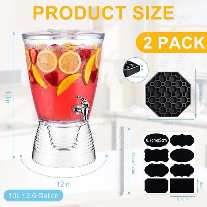 Nuenen 2 Sets of 2.6 Gallon Beverage Dispensers for Parties, Clear Plastic Drink Juice Dispensers with Spigot and Drip Tray Beverage Water Fountains for Wedding Birthday Party Cold Hot Drinks - Image 2