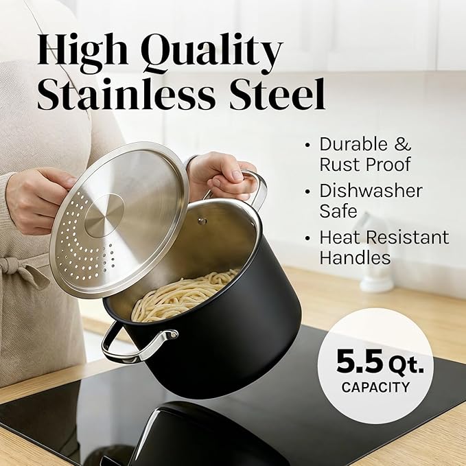 Cooler Concepts Pasta Pot with Strainer Lid - 5.5 Quart Large Spaghetti Pot - Twist & Lock for Easy Drain & No Colander Or Strainer Basket Insert Needed - Dishwasher Safe Pots - Image 5