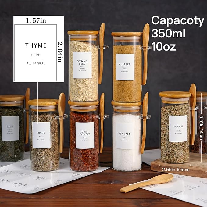 8 Pcs Glass Containers with Bamboo Lids and Spoons - 10 oz Sugar Container with 148 Kitchen Pantry Spice Jar Labels Preprinted - Glass Spice Jars with Wooden Lids Hold Coffee, Tea, Candy, Herbs - Image 5