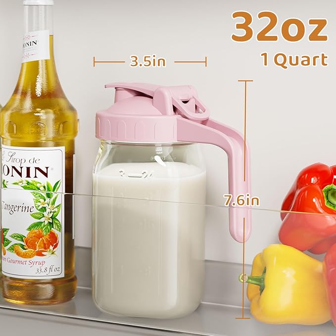 Breast Milk Pitcher, Mason Jar 32 oz, Heavy Duty Wide Mouth Jar with Pink Flip Cap Lid and Pour Spout, Airtight Seal for Freshness and Convenience, Great for Cold Beverages and Home Entertaining - Image 2