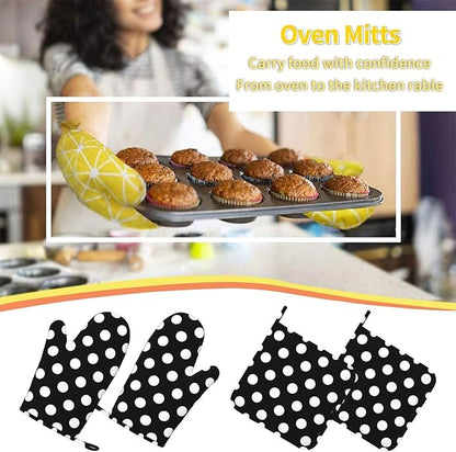 Black White Retro Polka Dot Oven Mitts and Pot Holders Sets of 4, Heat Resistant Silicone Oven Mittens and Potholders Gloves Hot Pads for Kitchen Cooking Baking Grilling BBQ Chef - Image 7