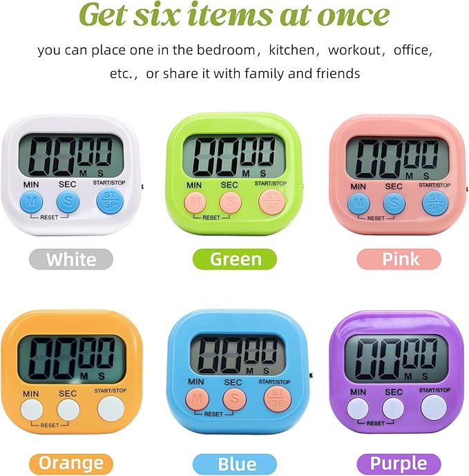 6 Pack Multi-Function Electronic Timer - Kitchen Timer,Magnetic Digital Timers,Big LCD Display, ON/Off Switch,Extensively Use in Cooking,Gym, Meeting, Classroom,Kitchen,Study,Work,Outdoor Activities