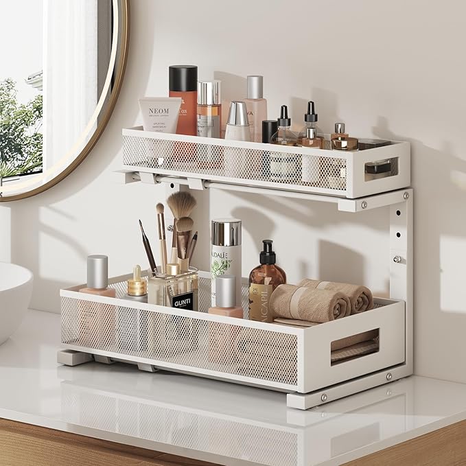 1 Pack 17IN Depth Under Sink Storage Organizer, Large 2-Tier Elegant Mesh Pull Out Shelf for Kitchen and Bathroom Cabinet Organization, L-Shaped and Adjustable Height Design-White - Image 7