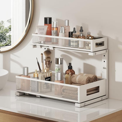 2 Pack 17IN Depth Under Sink Storage Organizer, Large 2-Tier Elegant Mesh Pull Out Shelf for Kitchen and Bathroom Cabinet Organization, L-Shaped and Adjustable Height Design-White - Image 7