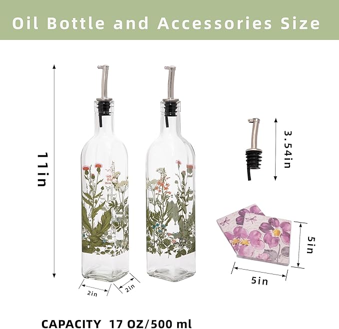Topadorn 17 oz Olive Oil Dispenser Bottle Set for Kitchen, 2 Pcs Glass Oil Dispenser Bottle with Stainless Steel Pourers, 2 Packs of Napkins, Green Flowers