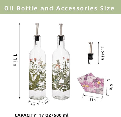 Topadorn 17 oz Olive Oil Dispenser Bottle Set for Kitchen, 2 Pcs Glass Oil Dispenser Bottle with Stainless Steel Pourers, 2 Packs of Napkins, Green Flowers