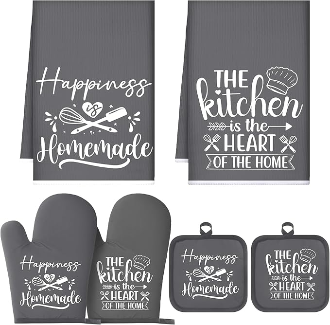 Sratte 6 Pcs Kitchen Decor Accessories Set Farmhouse Towels Pot Holders Oven Mitts Set 2 Dish Towels 2 Potholders 2 Cooking Mittens Oven Glove for Christmas Baking Cooking Supply(Dark Gray,Kitchen) by Sratte
