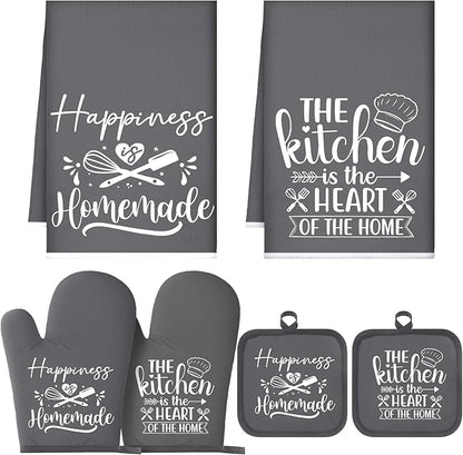 Sratte 6 Pcs Kitchen Decor Accessories Set Farmhouse Towels Pot Holders Oven Mitts Set 2 Dish Towels 2 Potholders 2 Cooking Mittens Oven Glove for Christmas Baking Cooking Supply(Dark Gray,Kitchen) by Sratte