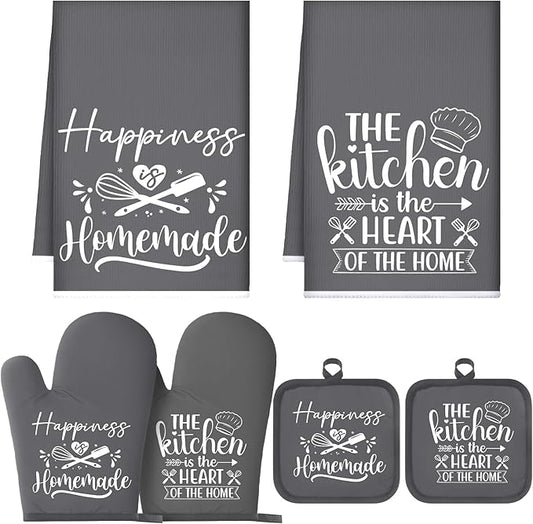 Sratte 6 Pcs Kitchen Decor Accessories Set Farmhouse Towels Pot Holders Oven Mitts Set 2 Dish Towels 2 Potholders 2 Cooking Mittens Oven Glove for Christmas Baking Cooking Supply(Dark Gray,Kitchen) by Sratte