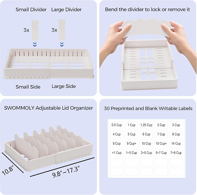 SWOMMOLY Expandable Food Storage Container Lid Organizer, Includes 6 Adjustable Dividers, 30 Preprinted and Blank Writable Labels, White - Image 6