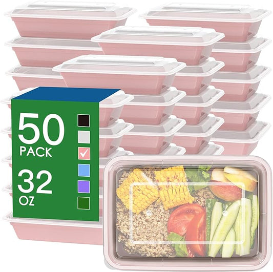 50 Pack (100-Piece) 32 oz Meal Prep Containers Reusable with Easy Open Lids, Sturdy Leakproof Food Safe, Microwave Freezer Dishwasher Safe, To Go Take Out Plastic Food Storage Pans with Lids, Pink by Dealusy