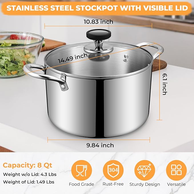 Tri-Ply Stainless Steel Stock Pot, 8 Quart Heavy Duty Induction Cooking Pot with Visible Lid for Pasta, Soup, Spaghetti, Sturdy & Double Handle, Dishwasher Safe - Image 2
