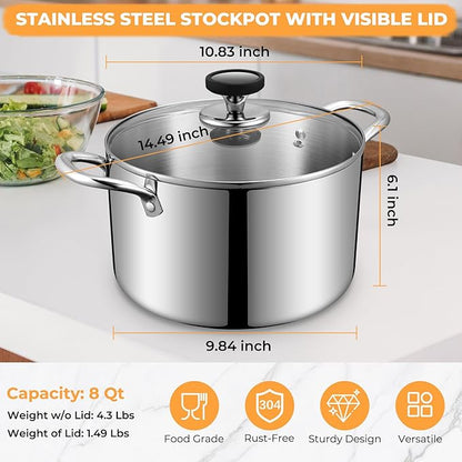 Tri-Ply Stainless Steel Stock Pot, 8 Quart Heavy Duty Induction Cooking Pot with Visible Lid for Pasta, Soup, Spaghetti, Sturdy & Double Handle, Dishwasher Safe - Image 2