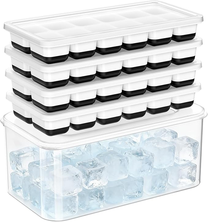 NFK Ice Cube Tray with Lid & Bin - 4 Pack 48 Cubes Stackable Silicone Trays for Freezer with Storage Container, Leak-Proof Lids, BPA-Free, Easy Release for Kitchen, RV, Party, Cocktail & Coffee by Cusbus
