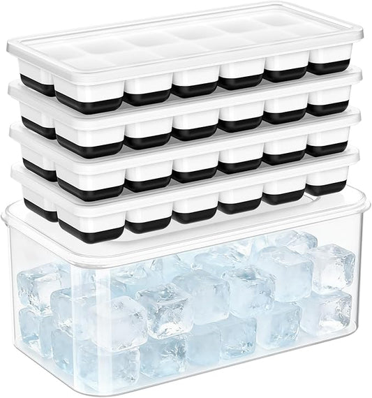 NFK Ice Cube Tray with Lid & Bin - 4 Pack 48 Cubes Stackable Silicone Trays for Freezer with Storage Container, Leak-Proof Lids, BPA-Free, Easy Release for Kitchen, RV, Party, Cocktail & Coffee by Cusbus