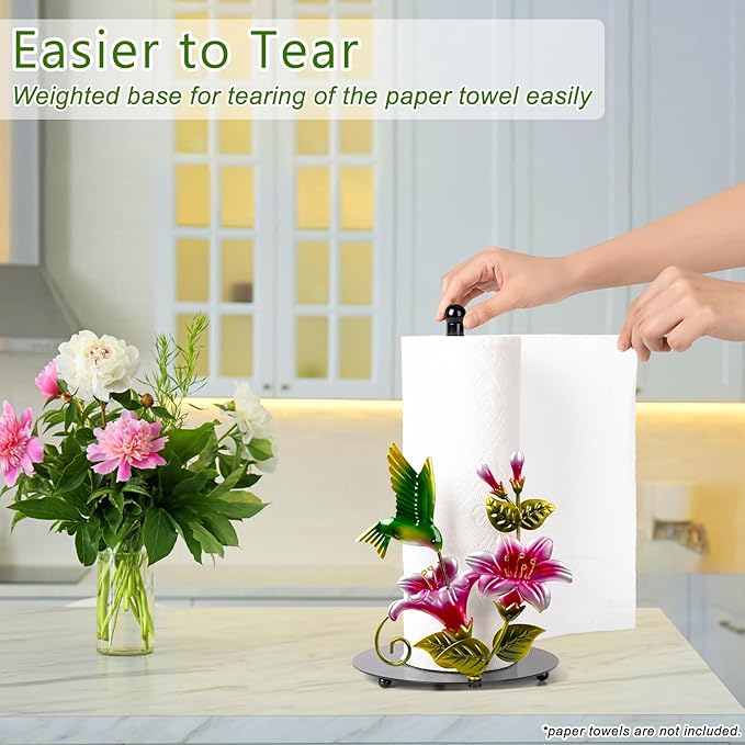 Flower & Hummingbird Decor Paper Towel Roll Holder Countertop - Farmhouse Kitchen Decor and Accessories, Hummingbird Housewarming Gifts for Women Mom Grandma, 3D Handmade Pattern, Weighted Base - Image 4